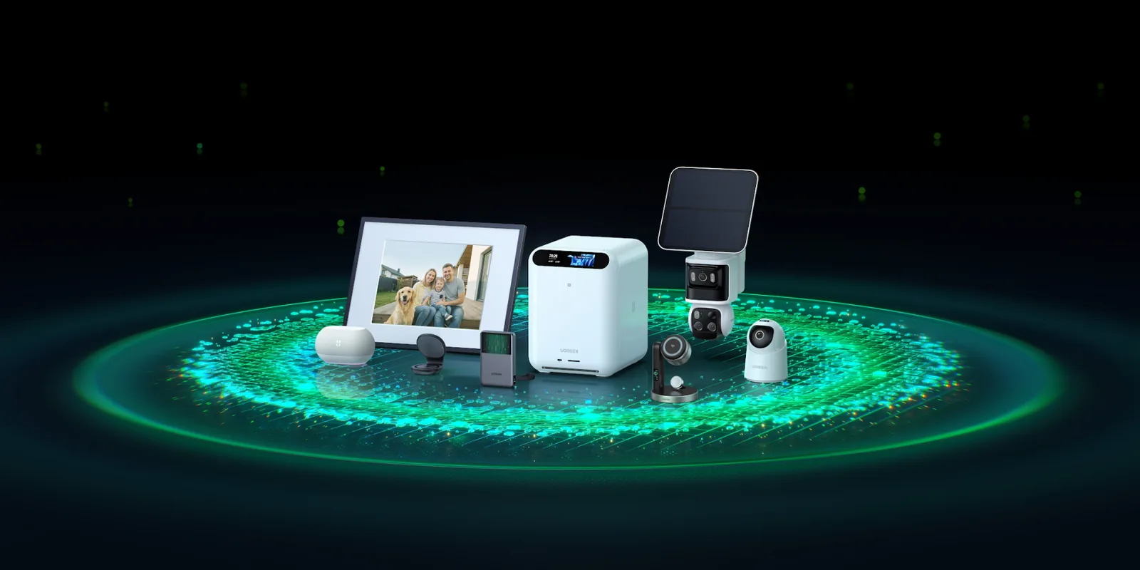 UGREEN HomeAgent HA100 hub alongside SynCare cameras, a smart speaker and a Gallery smart frame